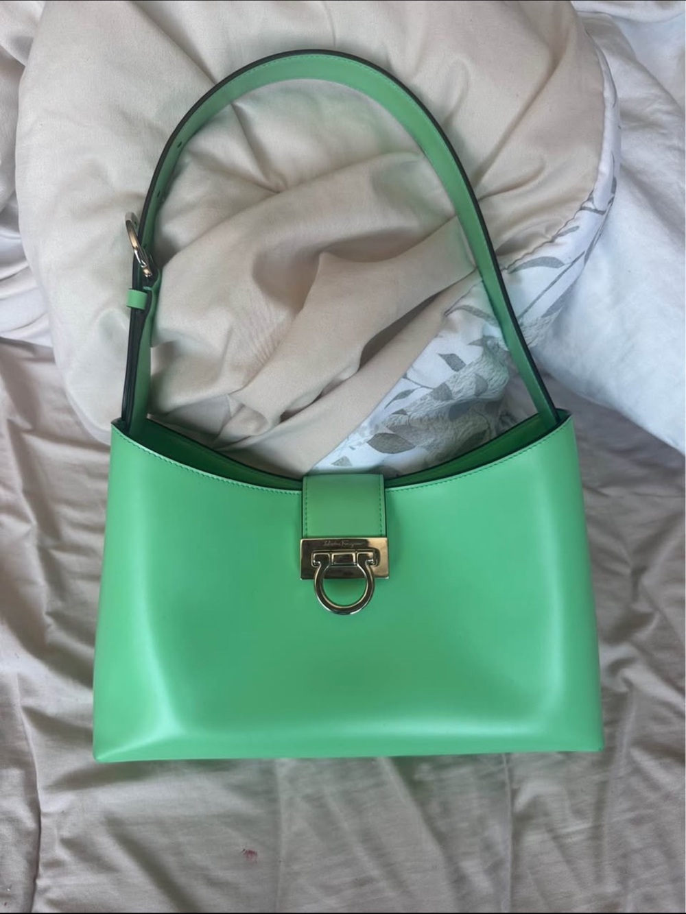 Salvatore Ferragamo Lime Green Leather Shoulder Bag with Gold Hardware